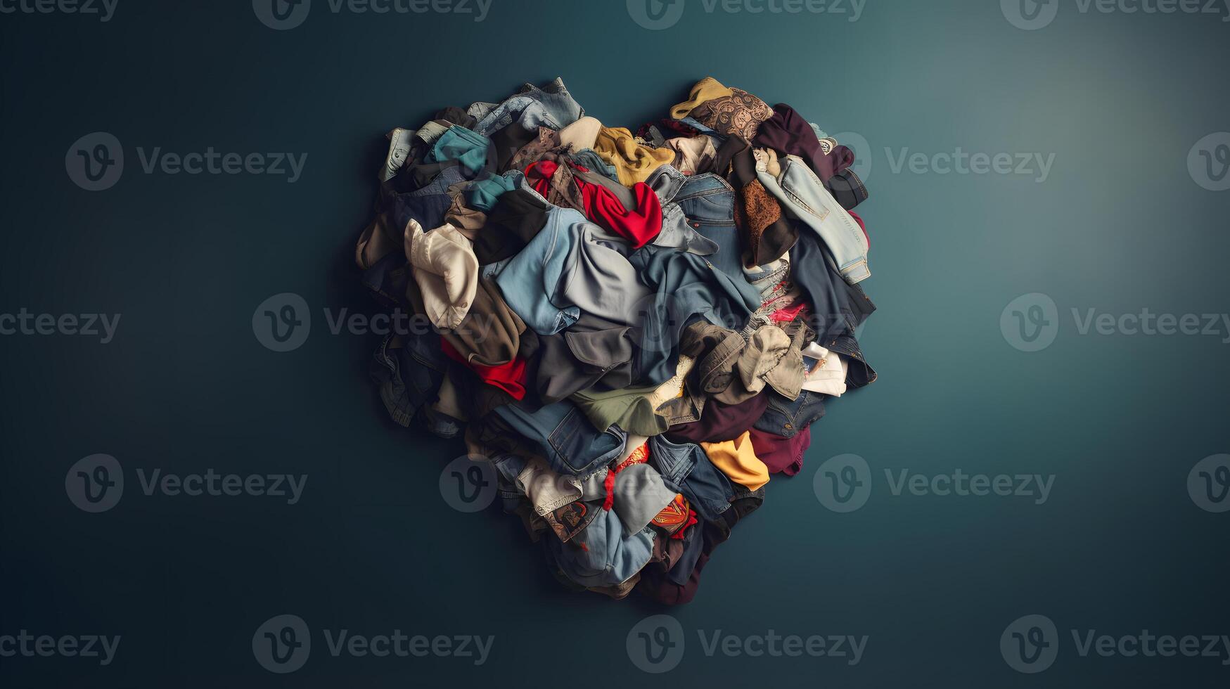 AI generated used clothes folded to form a heart on grey background, neural network generated photorealistic image photo