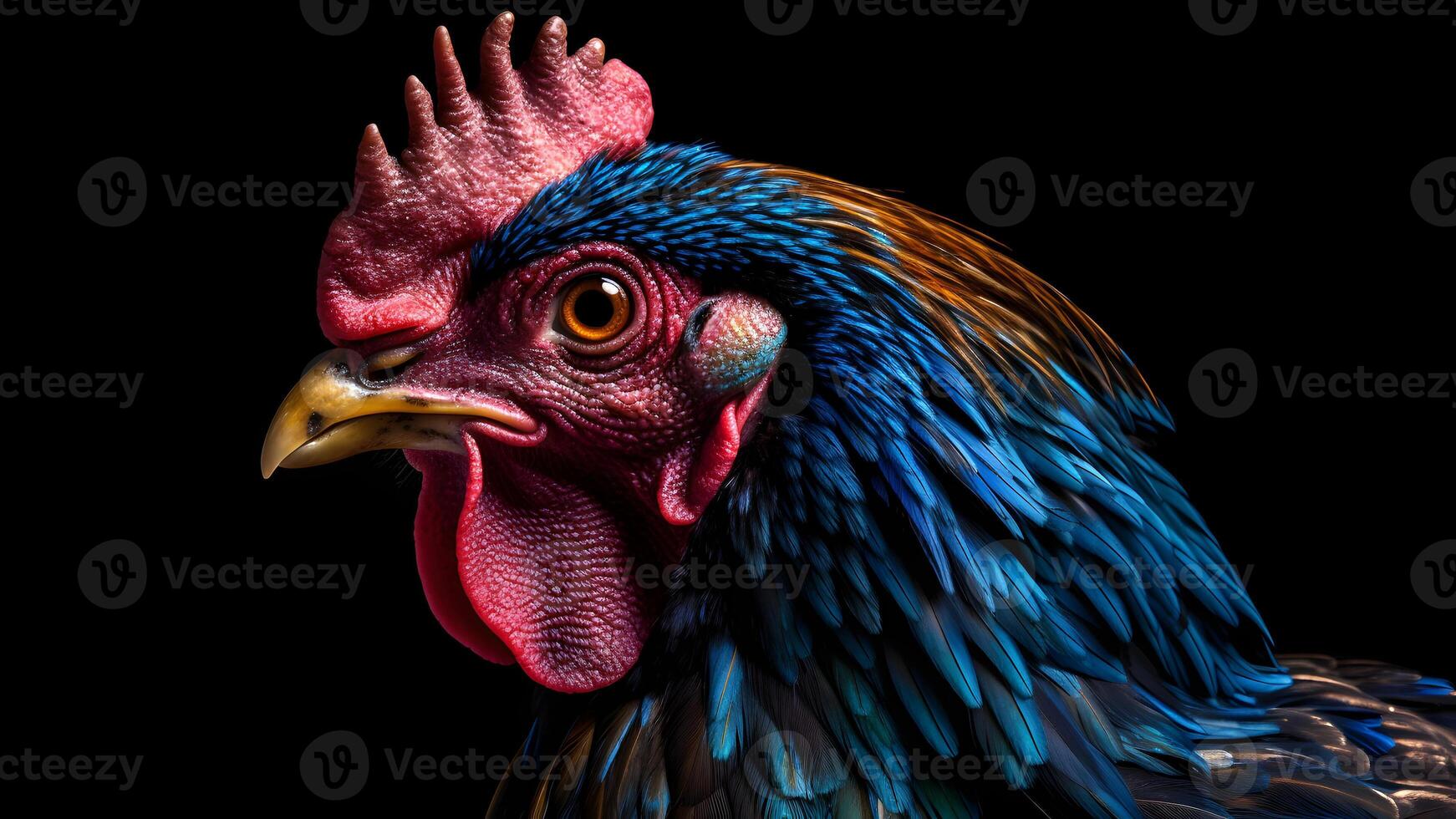 AI generated gorgeous colorful rooster close portrait on black background, neural network generated photorealistic image photo