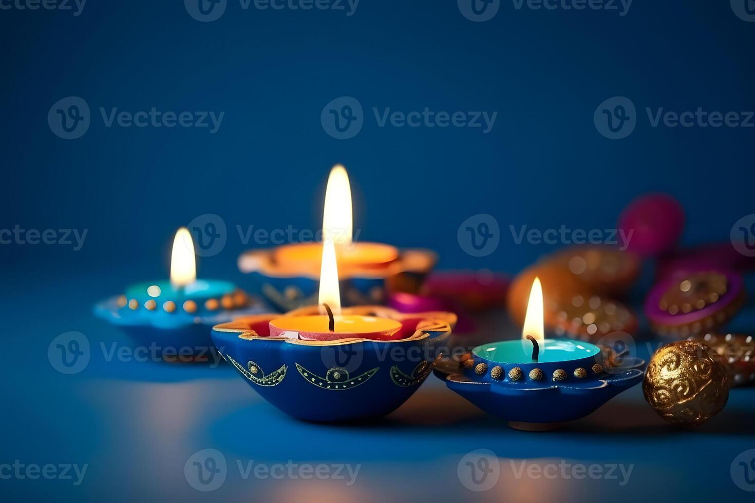 AI generated Happy Diwali - Clay Diya lamps lit on blue background during Diwali celebration, neural network generated photorealistic image photo