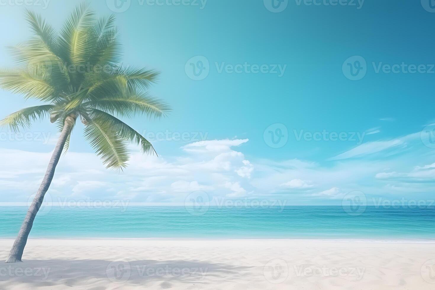 AI generated tropical beach view at sunny day with white sand, turquoise water and palm tree, neural network generated image photo