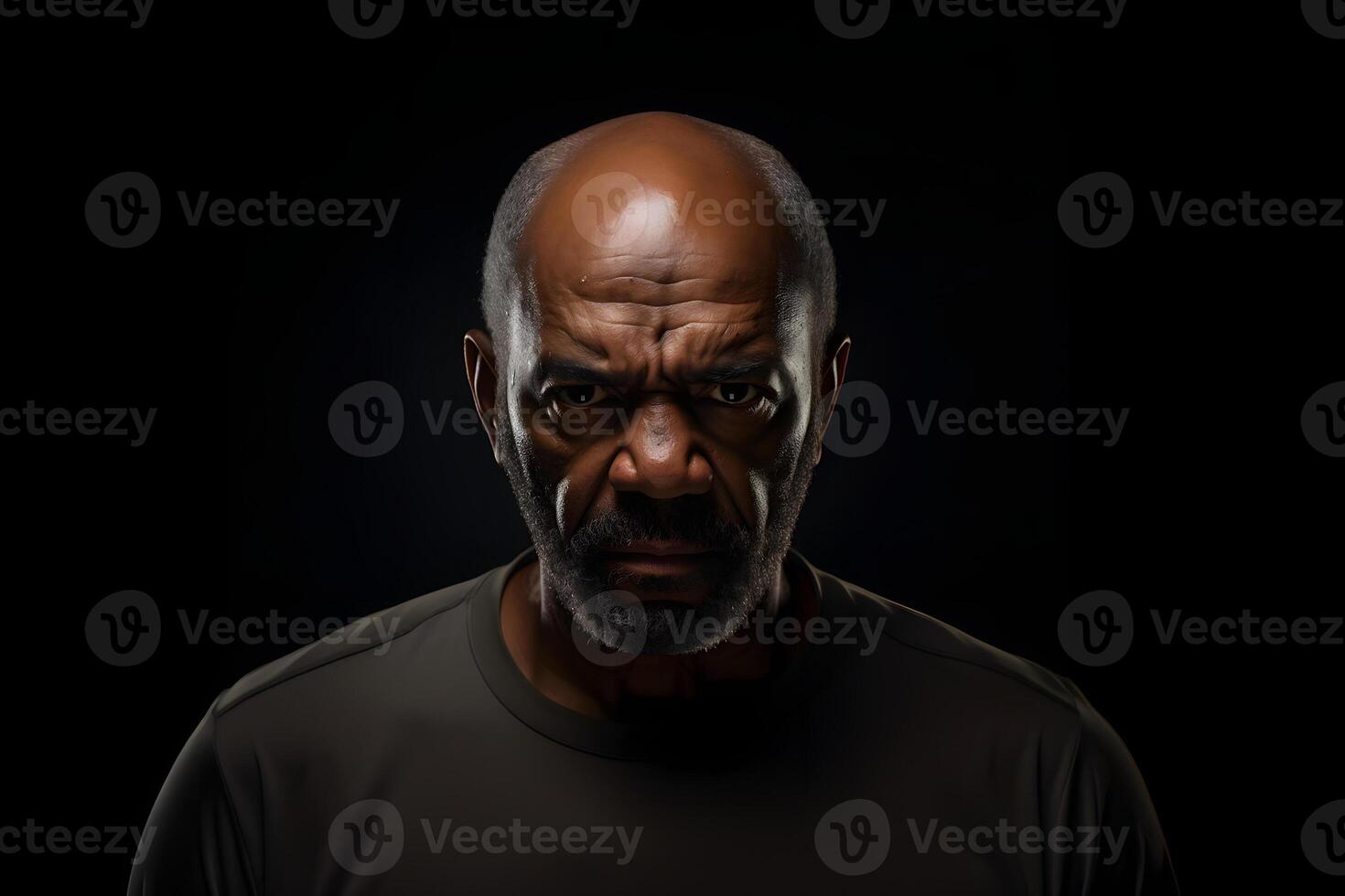 AI generated serious adult African American man, head and shoulders portrait on black background. Neural network generated image photo