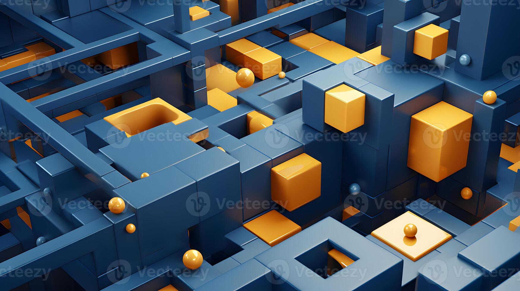 AI generated abstract background of 3D photorealistic gloss spheres and cuboid shapes in blue and yellow colors, neural network generated image photo