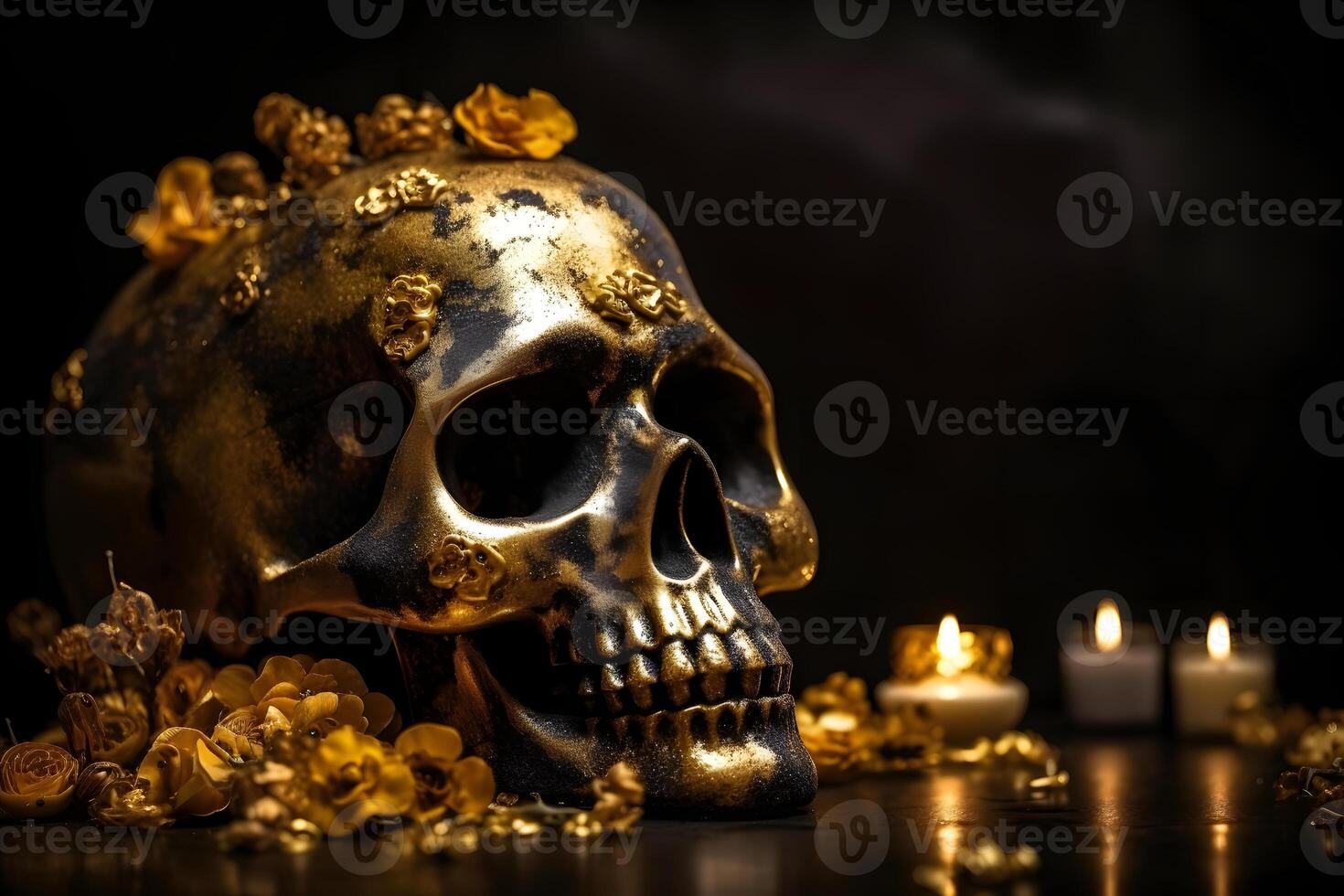 AI generated golden scull with yellow flowers on dark background for Dia De Los Muertos or Day of the Dead Celebration, neural network generated image photo