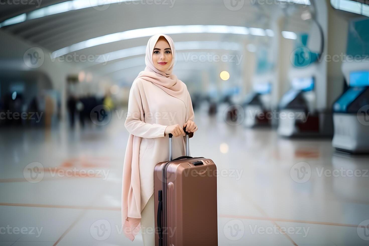 ai generado sonriente joven adulto musulmán viajero mujer en un aeropuerto con maleta, neural red generado fotorrealista imagen foto