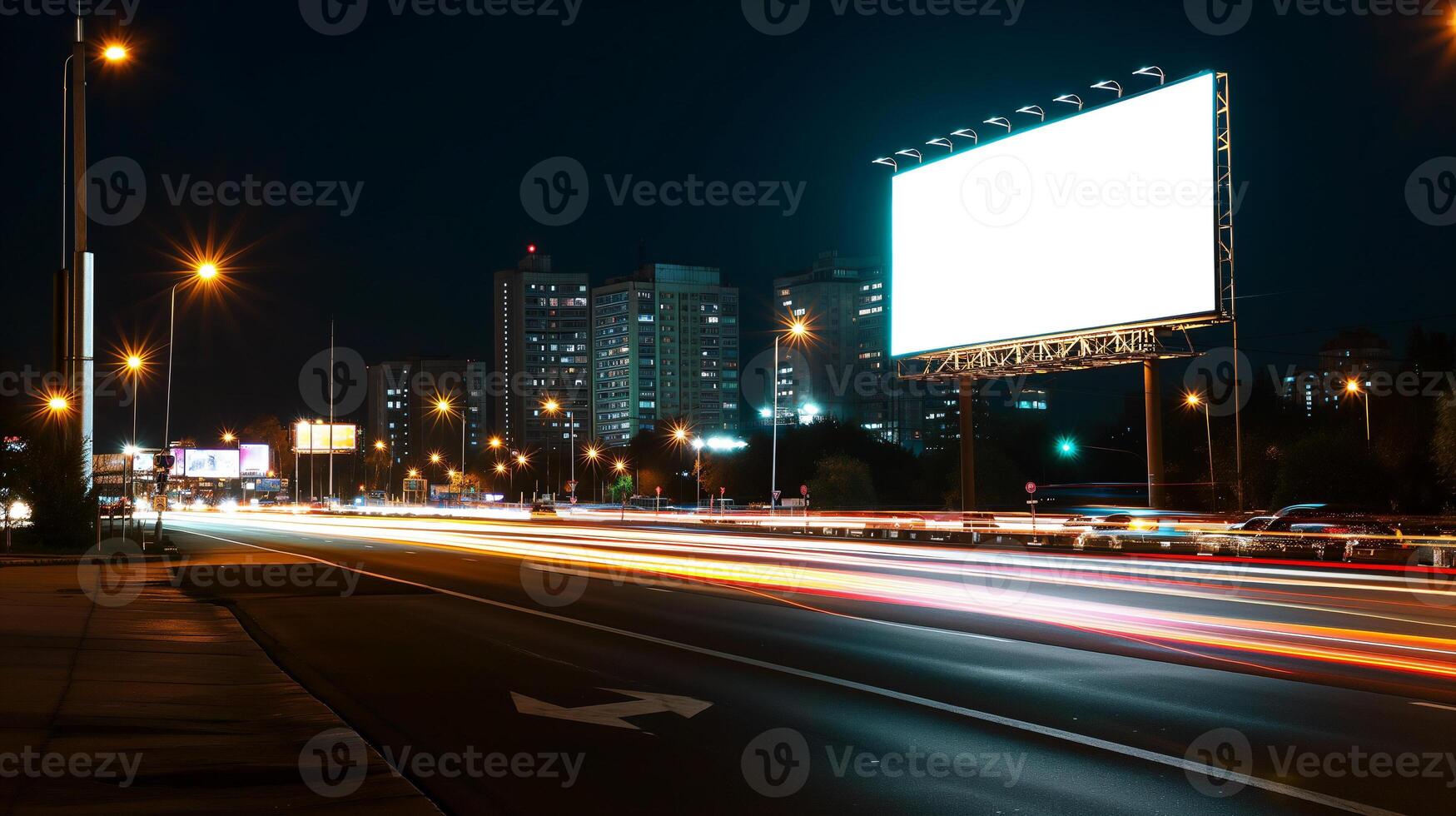 ai generado blanco cartelera en el autopista durante el Luz de noche con ciudad fondo, blanco pantalla para producto mostrar, Bosquejo, , ai generado foto