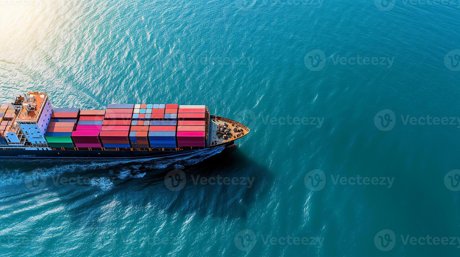 AI generated Aerial view container cargo ship, import export commerce business trade logistic and transportation of International by container cargo ship boat in the open sea, Ai generated. photo