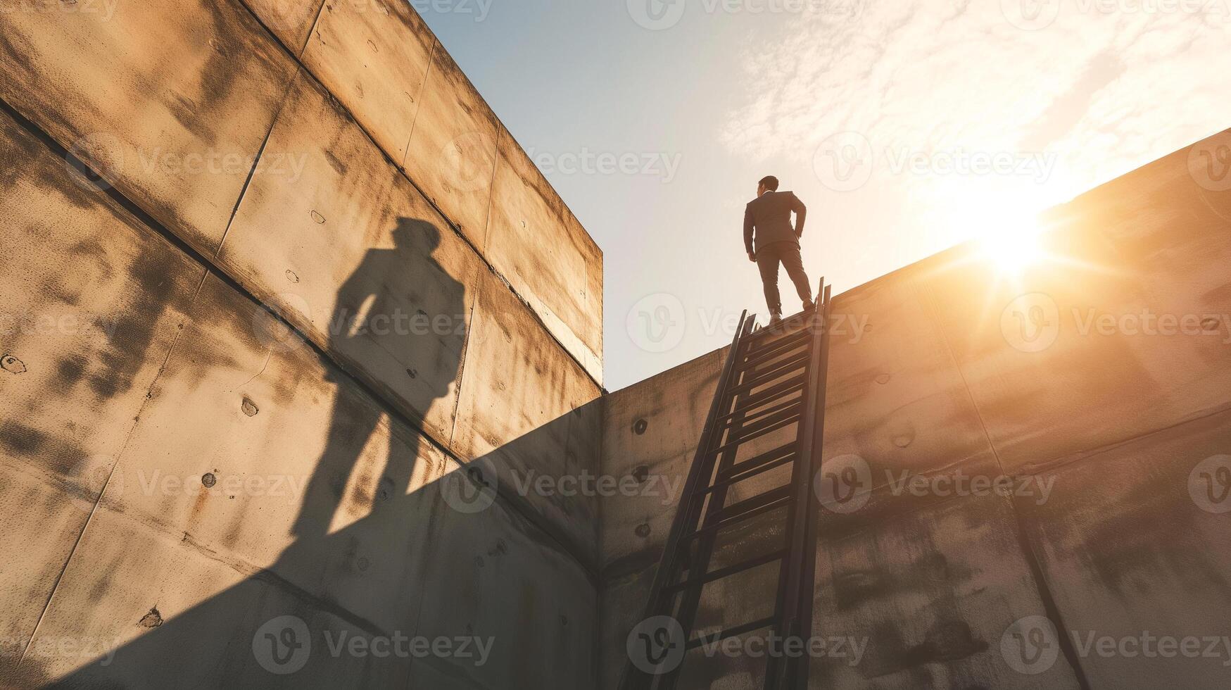 AI generated Ambitions concept, businessman climbing high ladder, success, development and leader, Ai generated. photo