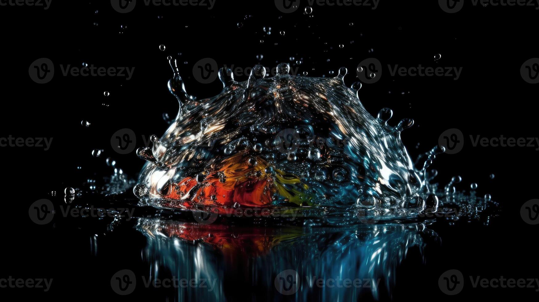 AI generated Captivating Close-up of a Colorful Object Engulfed by a Crystal Clear Water Splash Against a Dark Background photo