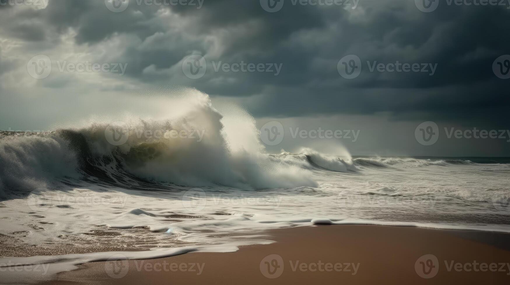 ai generado majestuoso olas crestería debajo un inquietante cielo a oscuridad en un aislado playa foto