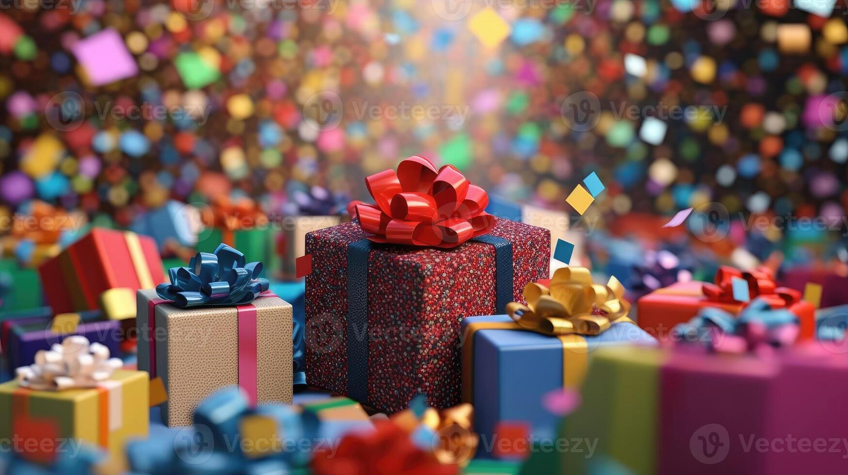 AI generated Festive Celebration Abounds with Vibrant Gift Boxes and Colorful Confetti in Joyful Display photo