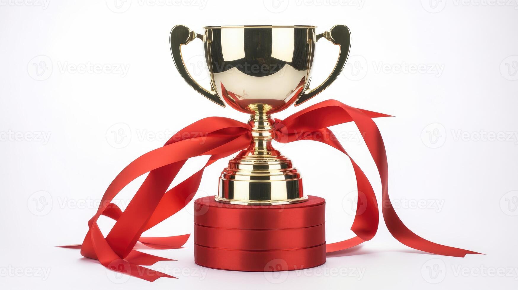 AI generated Shiny Gold Trophy Cup with Red Ribbon on a White Background Celebrating Victory and Success photo