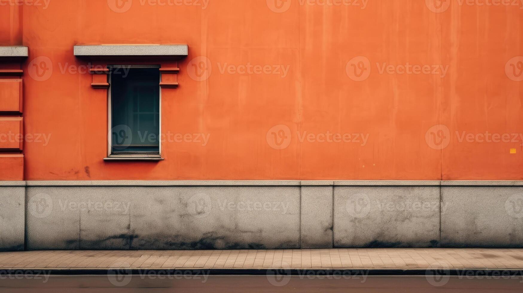 ai generado calentar naranja tonificado urbano pared con un soltero ventana en un soleado día, texturas de años y sencillez. ciudad la carretera lado caminar. foto