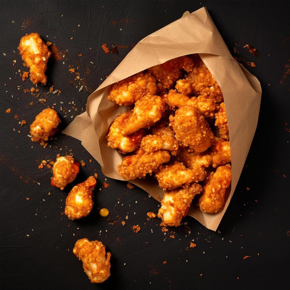 AI generated chicken popcorn deep fried in paper wrap photo