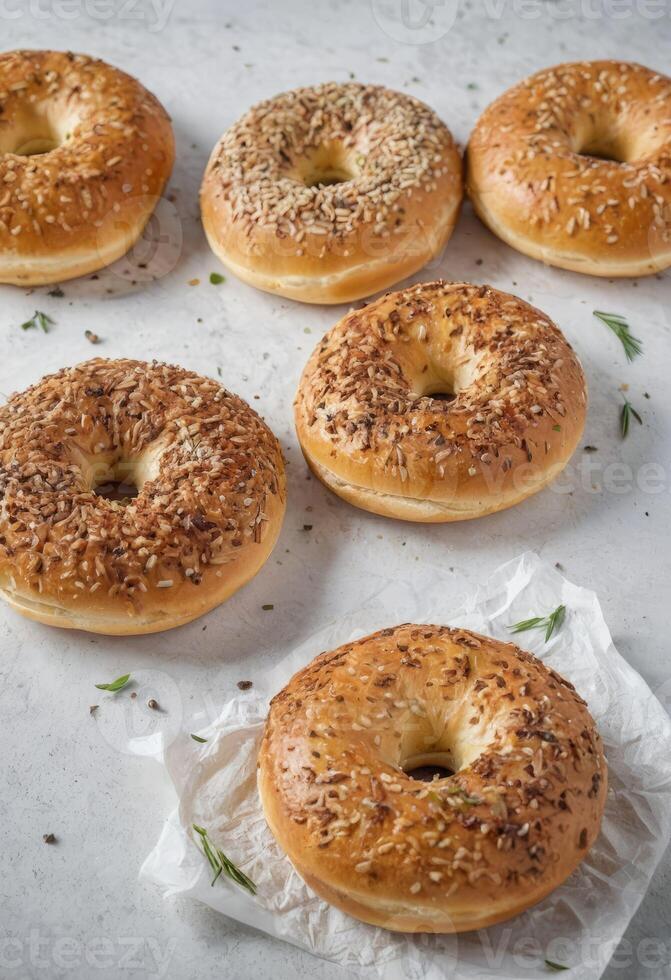 AI generated Assorted Seeded Bagels on White Background photo