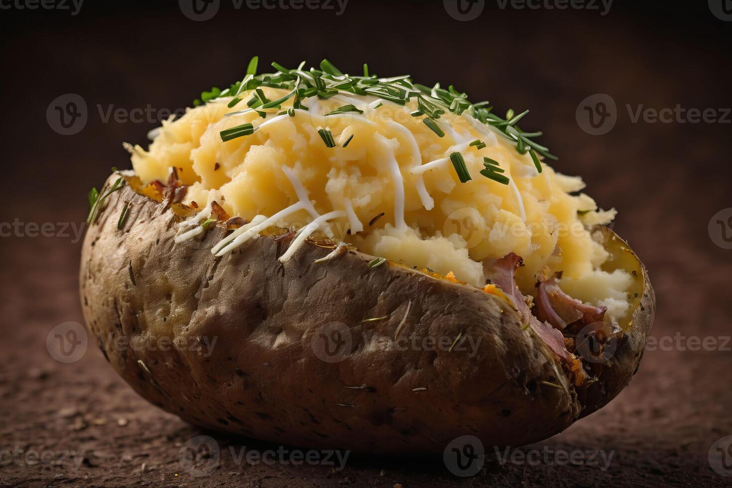 ai generado horneado patata en marrón antecedentes foto