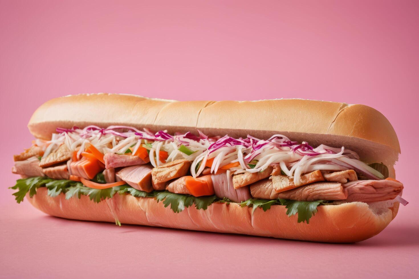 ai generado banh mi con Fresco verduras en rosado antecedentes foto