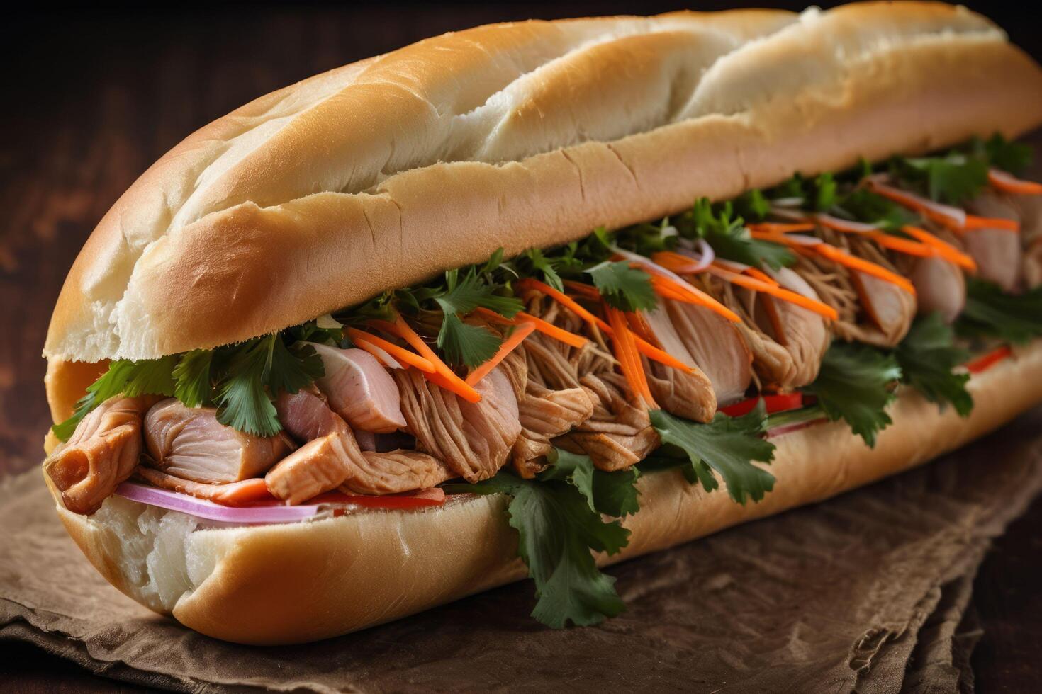 ai generado gastrónomo vietnamita banh mi en marrón antecedentes foto