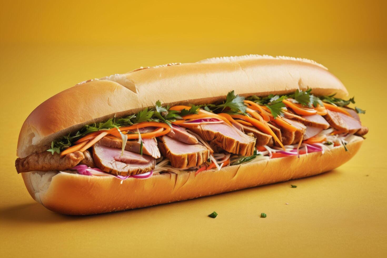 ai generado clásico banh mi con en escabeche vegetales en amarillo antecedentes foto