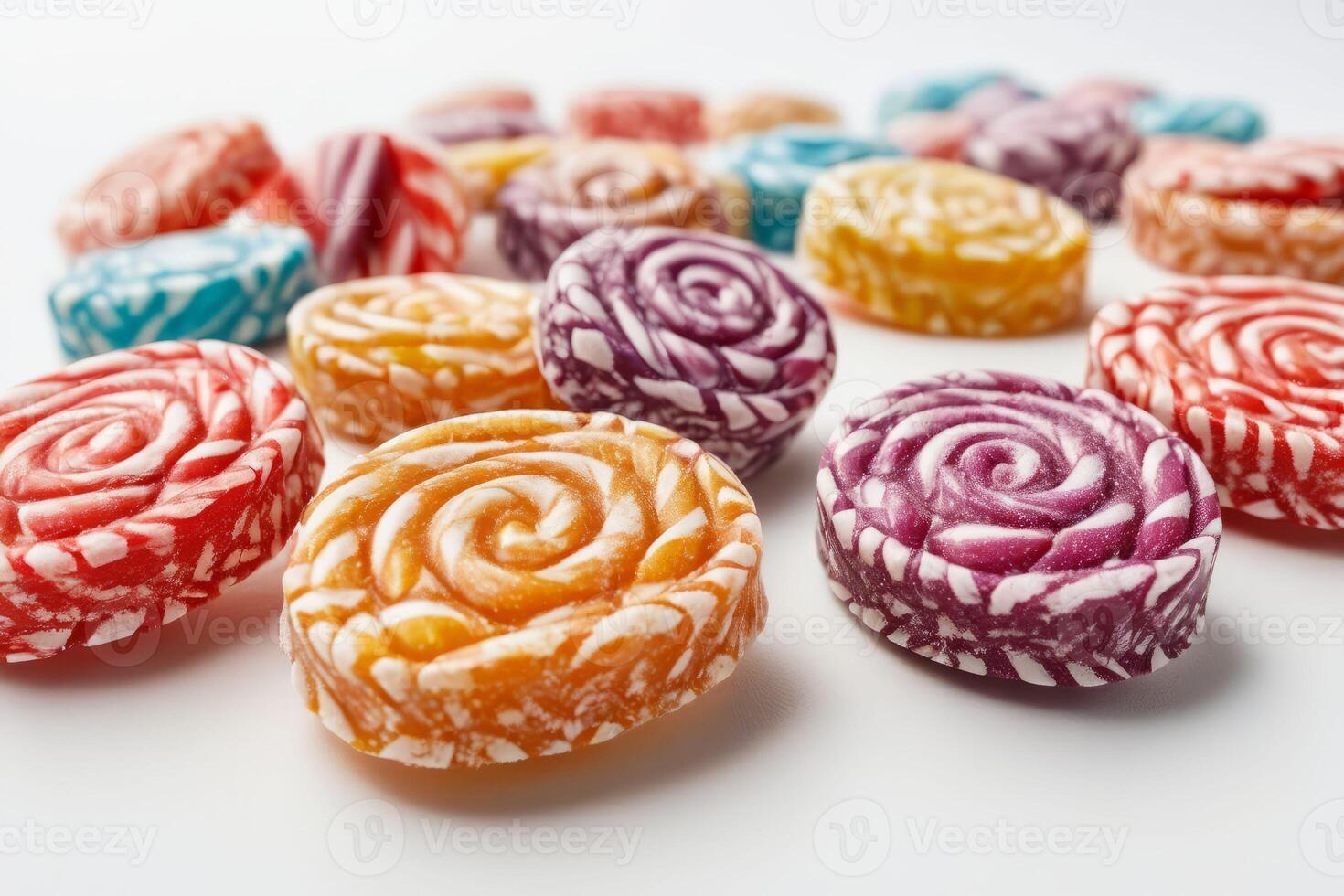 AI generated Assorted Frosted Swirl Candies on White photo
