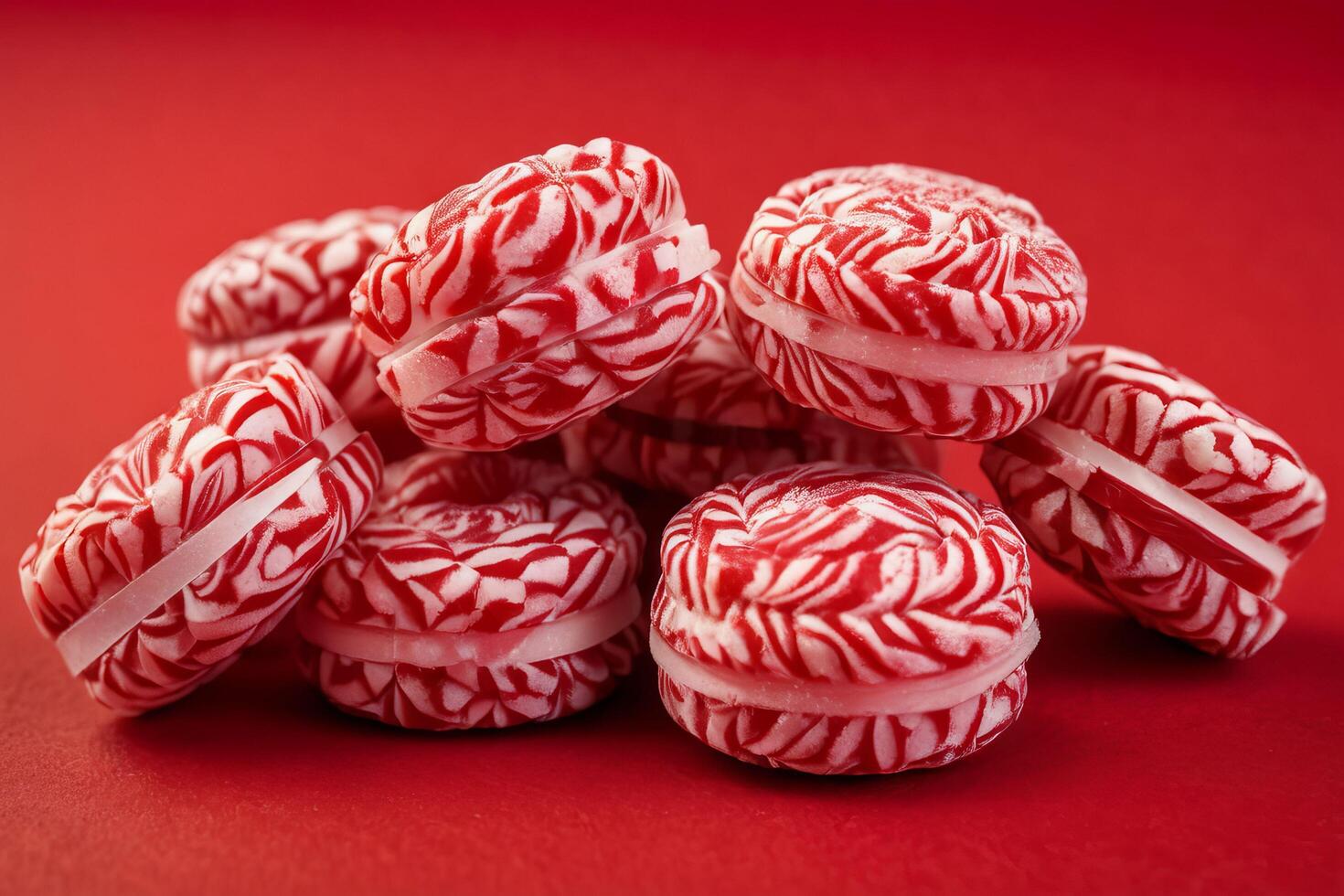 AI generated Red and White Swirl Candies on Red Background photo