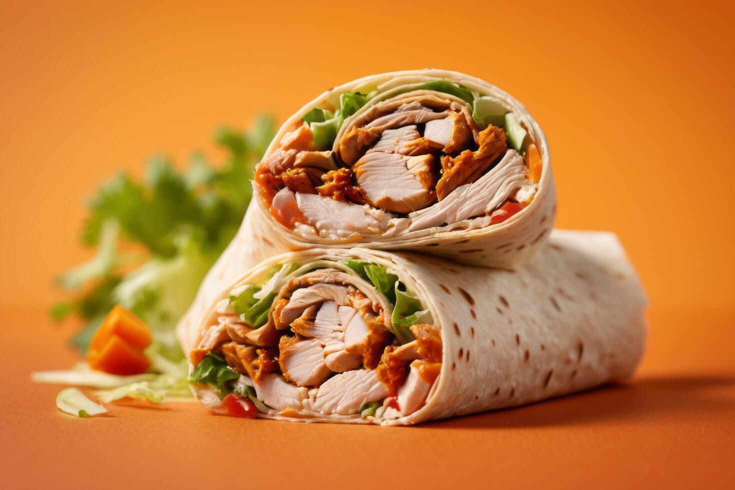 AI generated Roasted Chicken Wrap with Lettuce on Orange photo