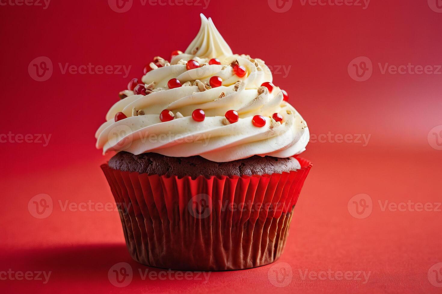 AI generated Velvety Red and White Frosted Cupcake photo