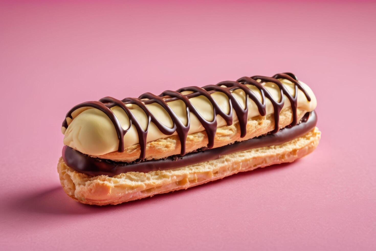 AI generated Artisanal Chocolate Eclair on Pink Background photo