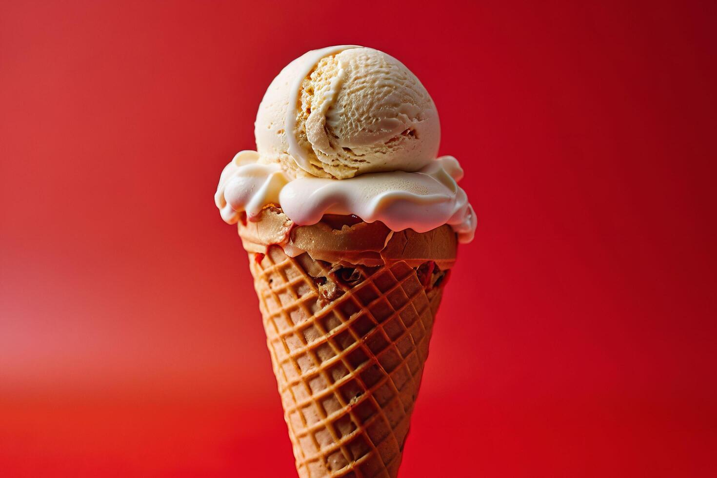 AI generated Vanilla Ice Cream Cone with Melting Drips photo