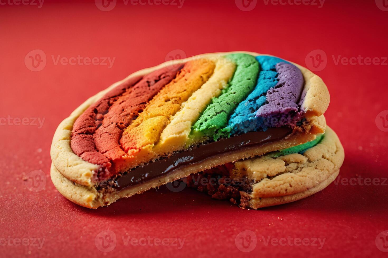 ai generado vibrante arco iris chocolate relleno Galleta foto