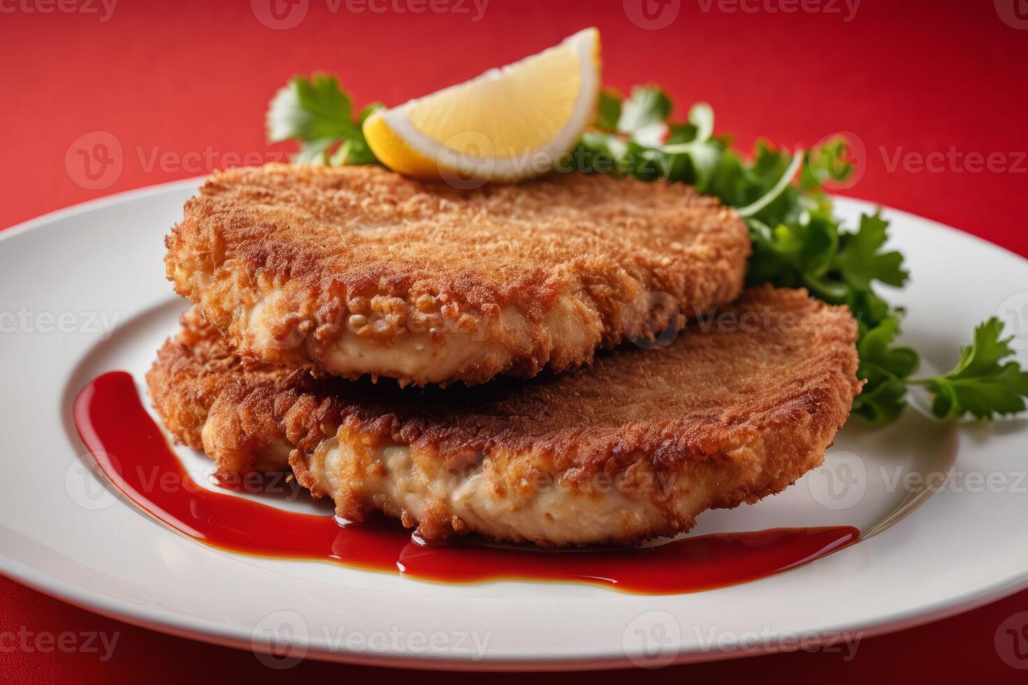 AI generated Crispy Chicken Schnitzel with Red Background photo