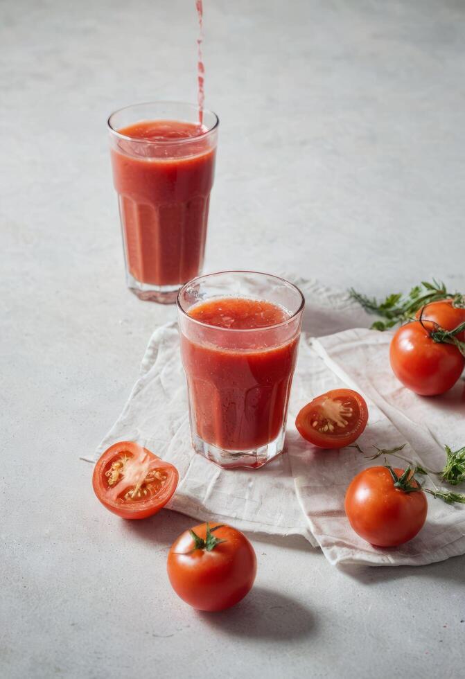 ai generado tomate jugo torrencial dentro vaso foto