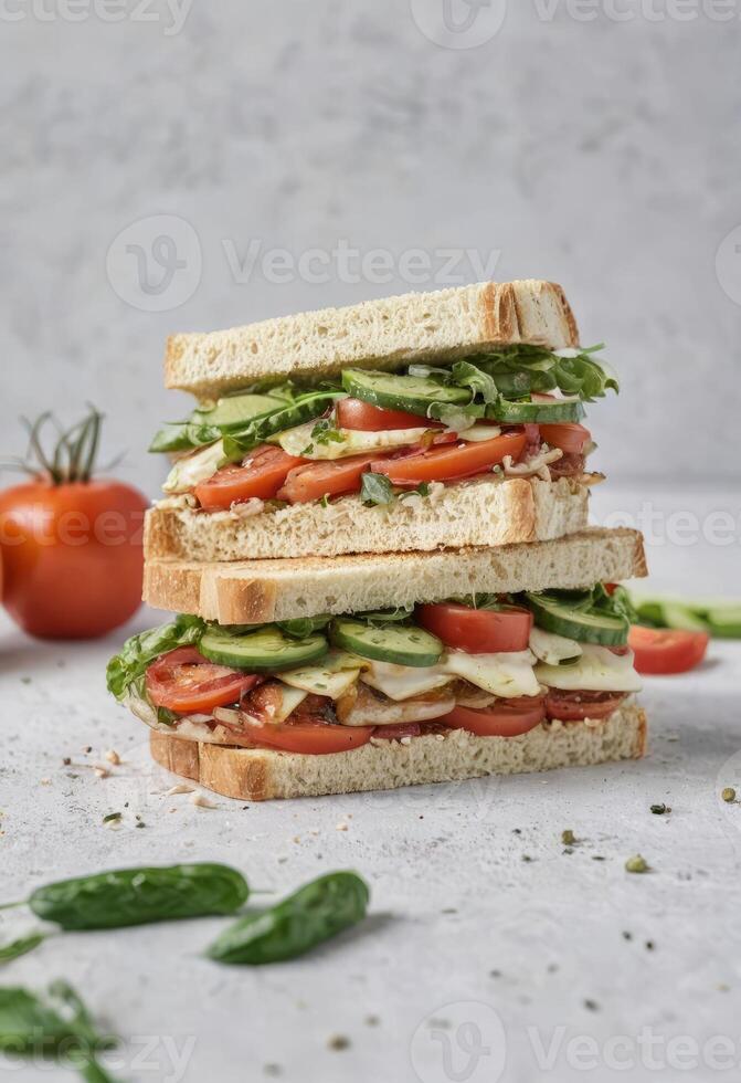 ai generado vegetal apilado emparedado en blanco plato foto