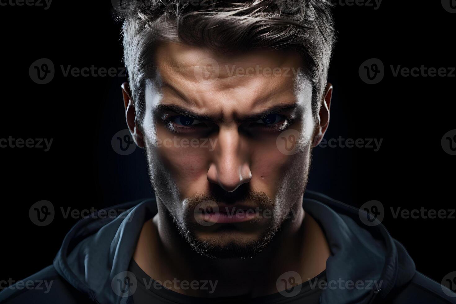 AI generated Sulking young adult Caucasian man, head and shoulders portrait on black background. Neural network generated photorealistic image. photo