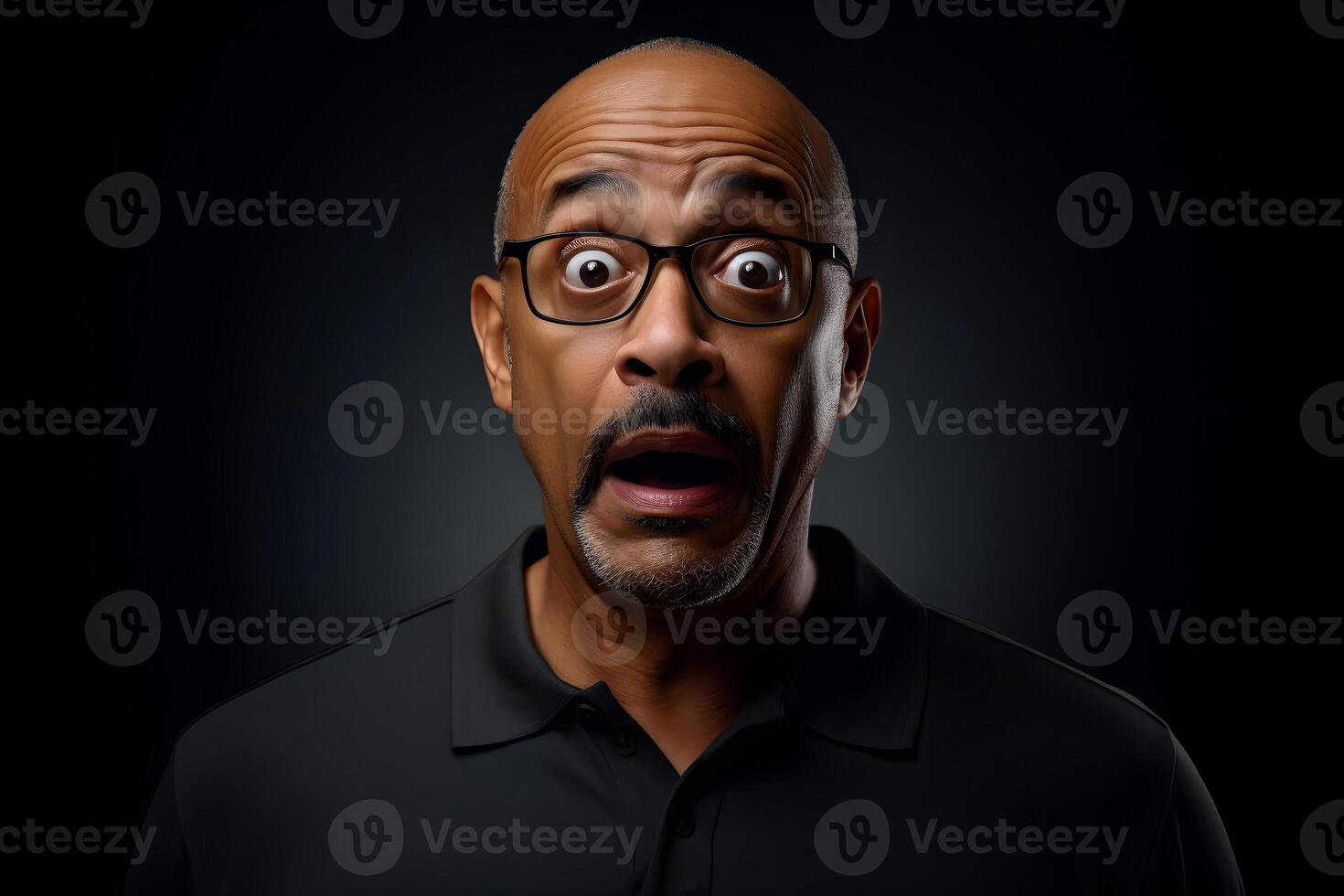 AI generated Surprised African American man with glasses on black background. Neural network generated photorealistic image. photo