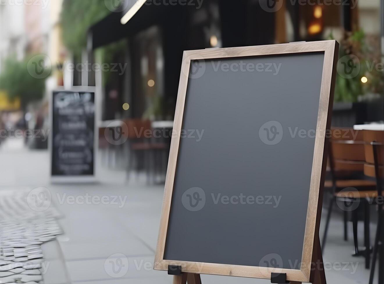 AI generated Blank black restaurant shop sign or menu board near the entrance of street cafe at day, neural network generated image photo