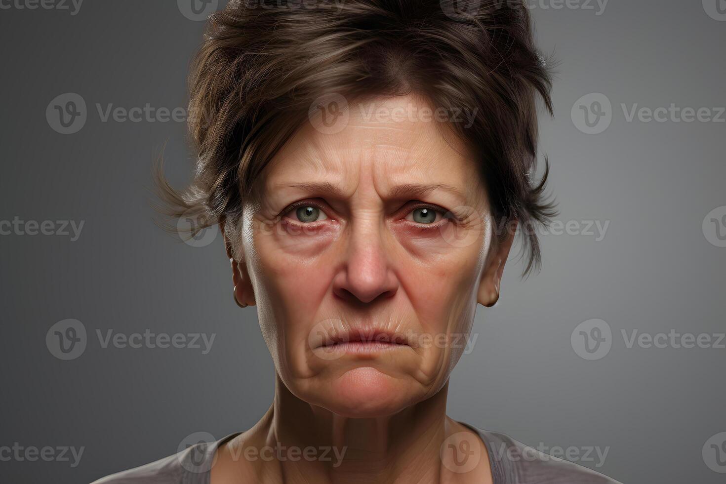 AI generated tired Caucasian woman, head and shoulders portrait on grey background. Neural network generated photorealistic image photo