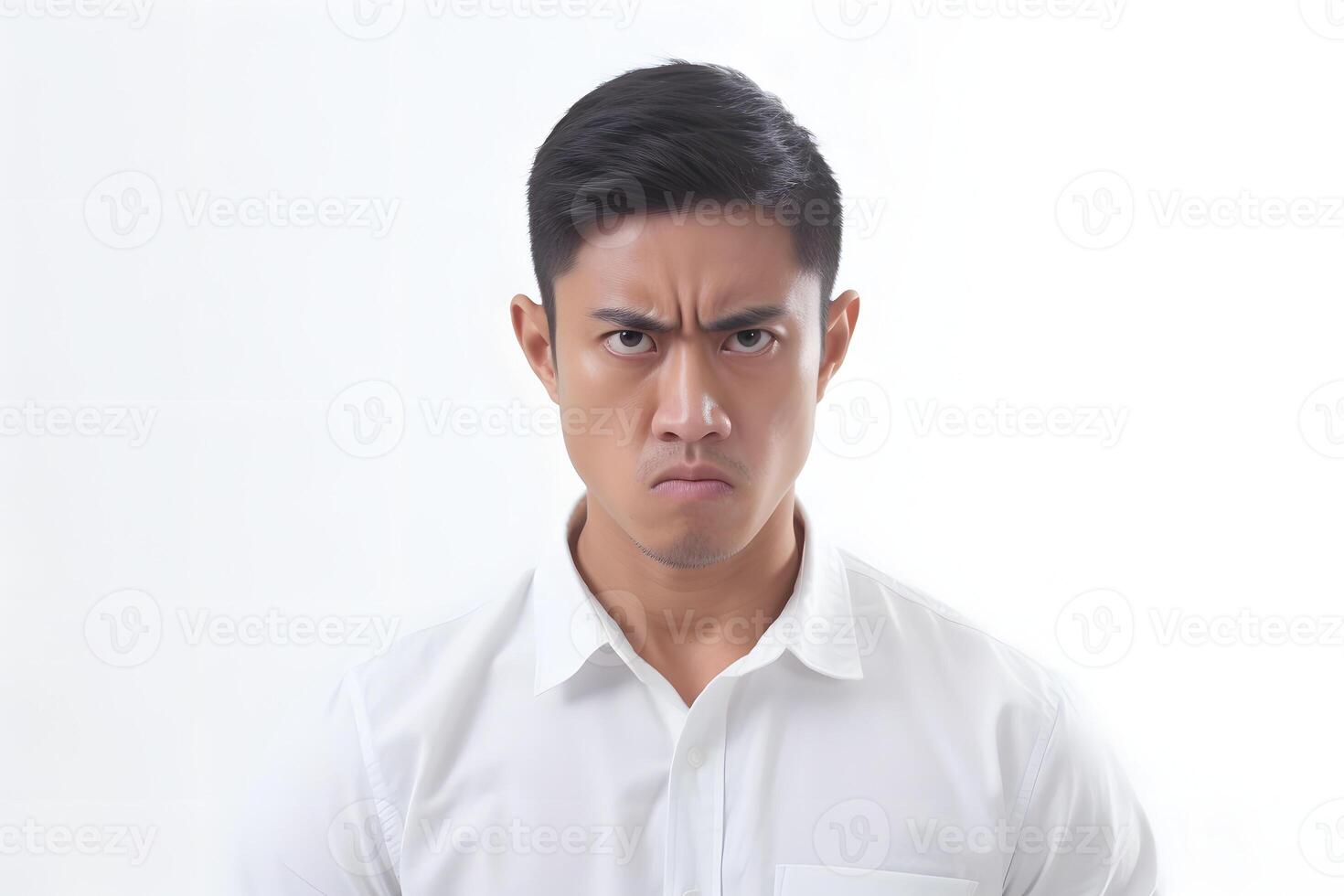 AI generated serious young adult Asian man, head and shoulders portrait on white background. Neural network generated photorealistic image photo