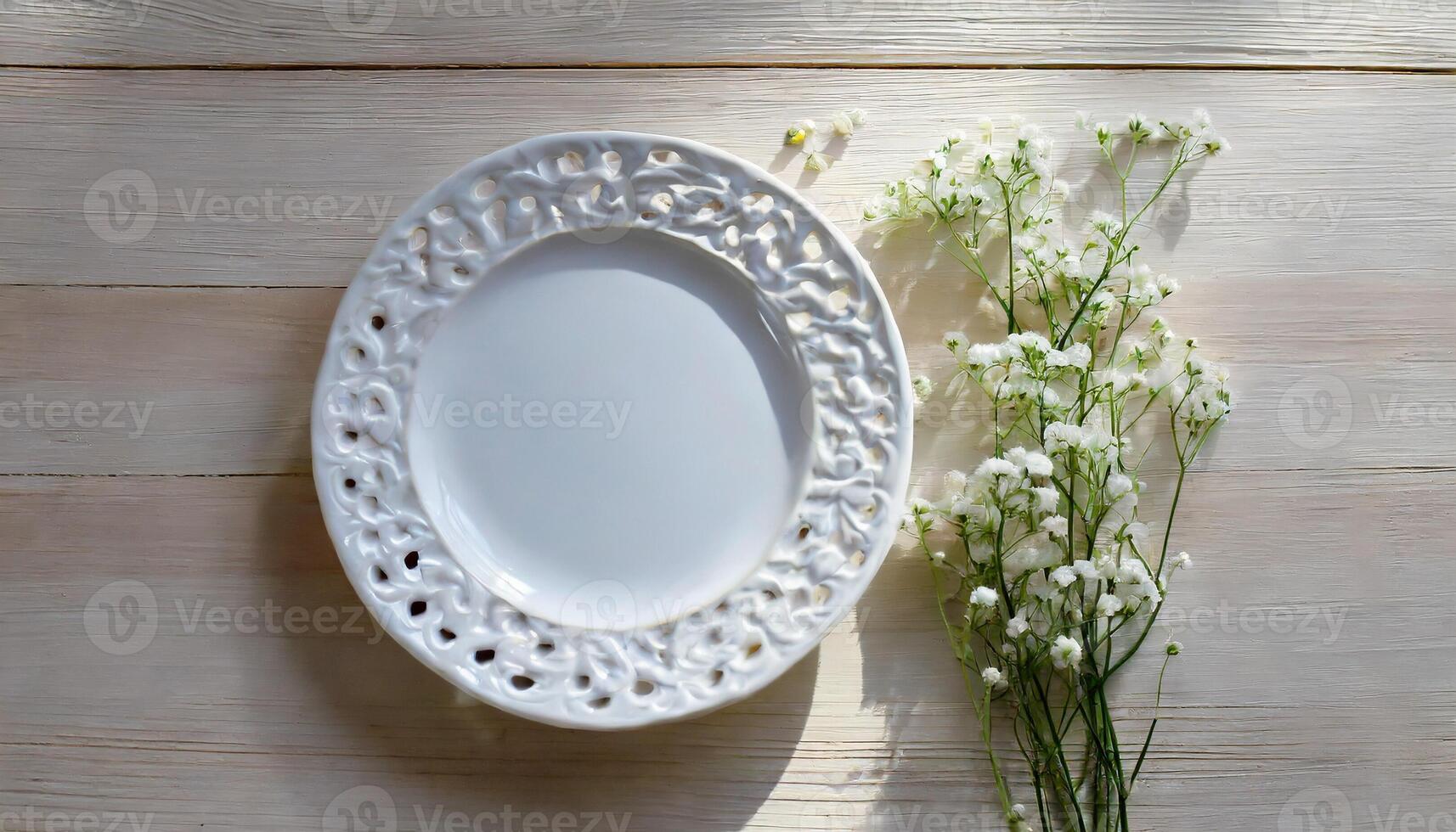 AI generated White ceramic plate mockup, blank template of dish on table photo