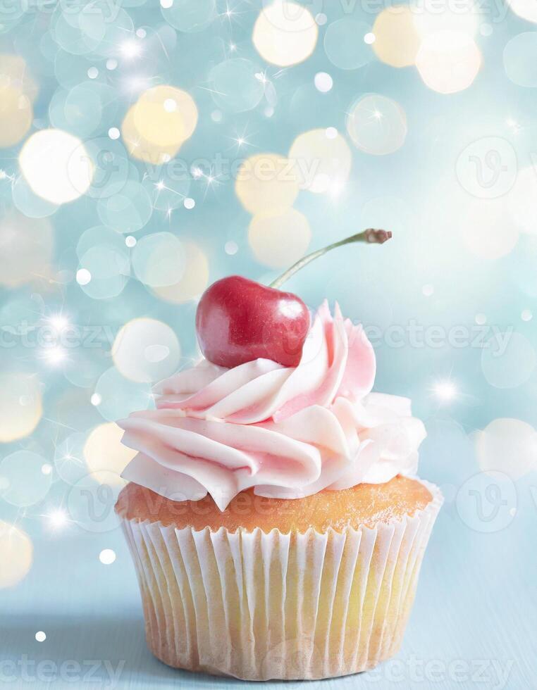 AI generated Sweet dessert cupcake decorated, birthday concept card photo
