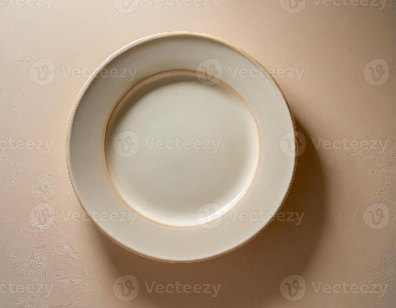 AI generated White ceramic plate mockup, blank template of dish on table photo