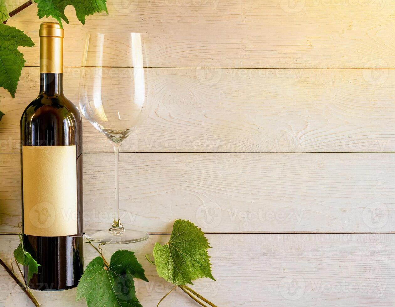 AI generated Vine bottle mockup, glass of wine on wooden background, template photo