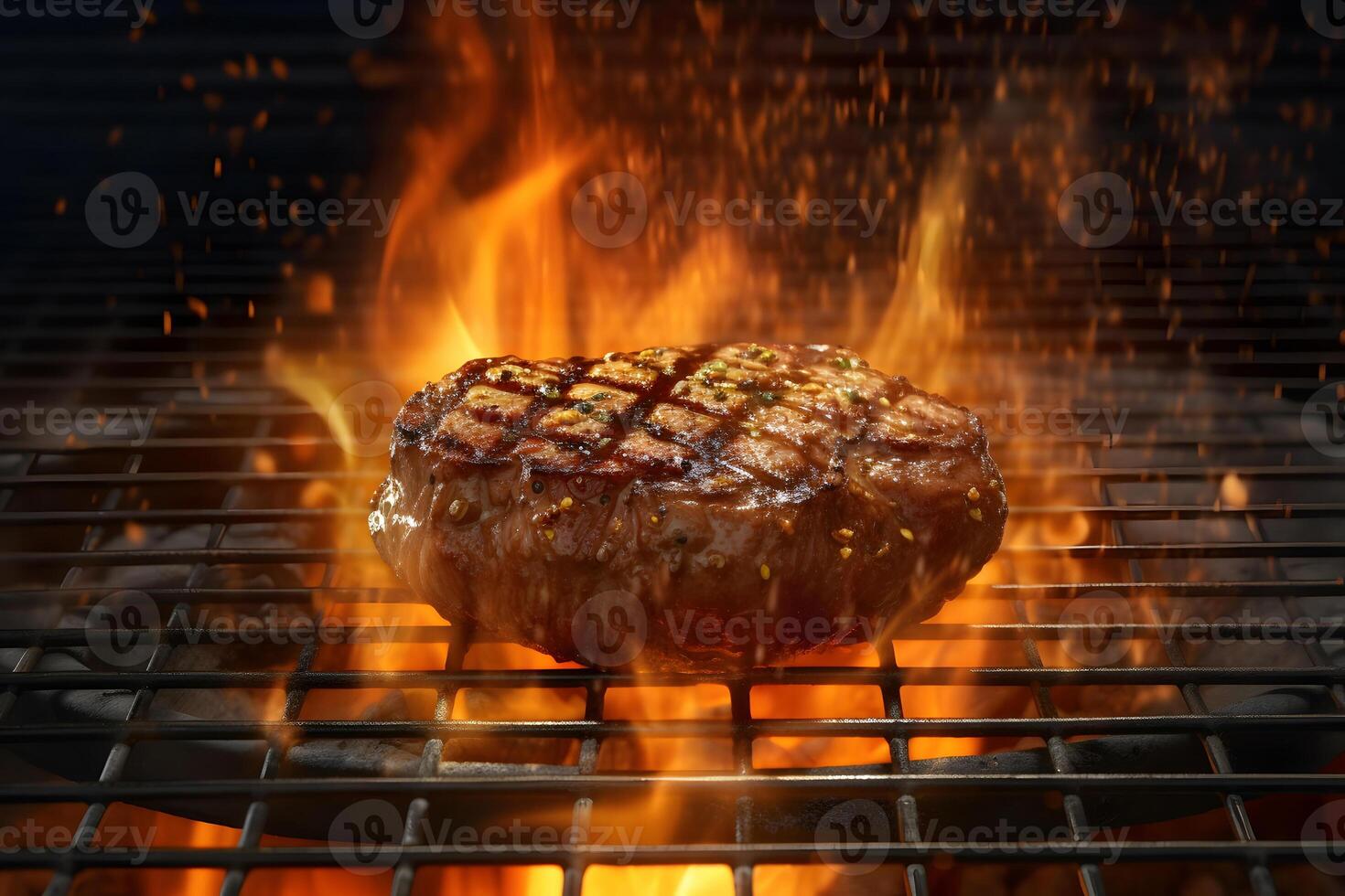 AI generated Tasty beef steak lying on steel grate with fire flames around, neural network generated photorealistic image photo