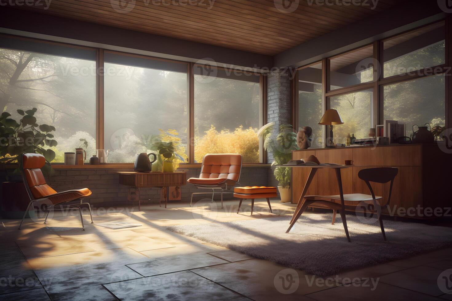 AI generated photorealistic mid century interior with sunlight from windows at summer day, neural network generated photorealistic image photo