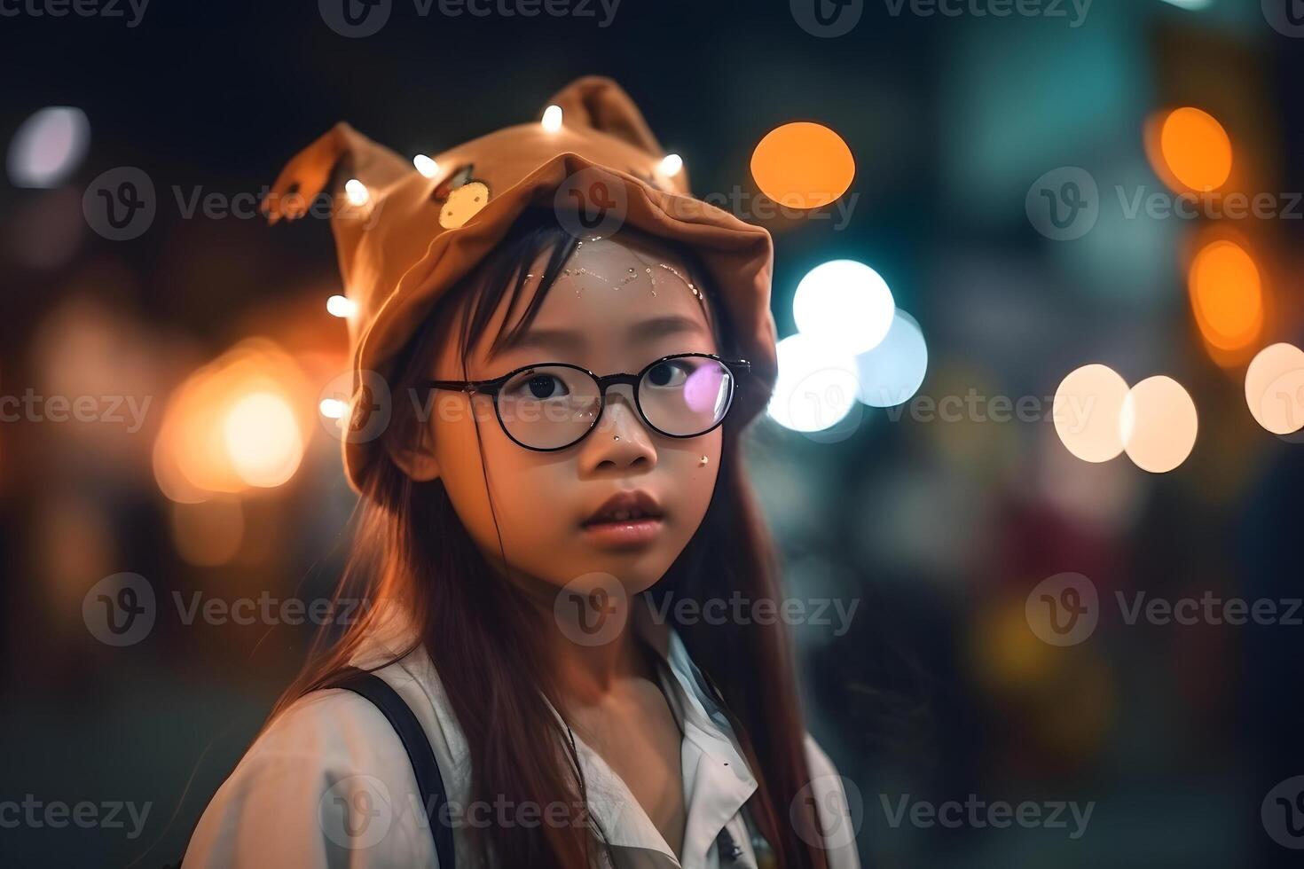 AI generated close portrait of young asian girl dressed in costume for halloween party, neural network generated photorealistic image photo