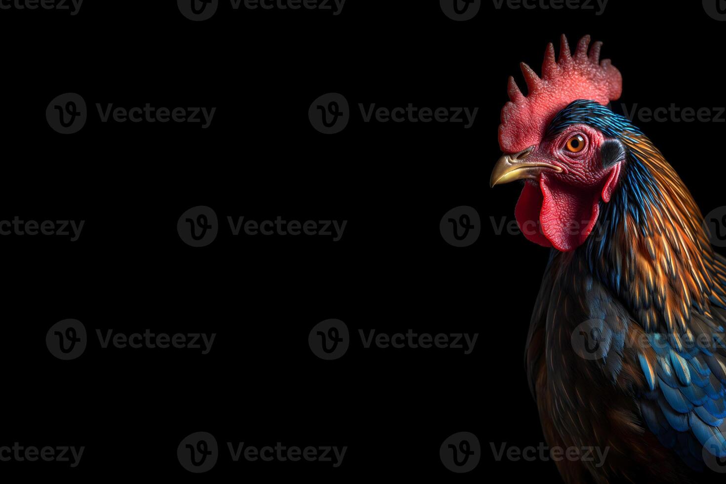 AI generated gorgeous colorful rooster close portrait on black background, neural network generated photorealistic image photo