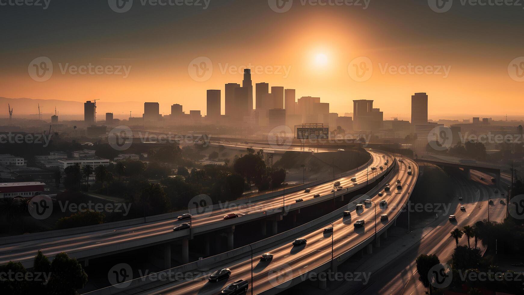 AI generated sunrise cityscape skyline view of downtown Los Angeles style western city, neural network generated photorealistic image photo