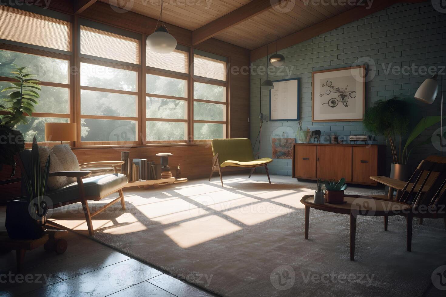 AI generated photorealistic mid century interior with sunlight from windows at summer day, neural network generated photorealistic image photo