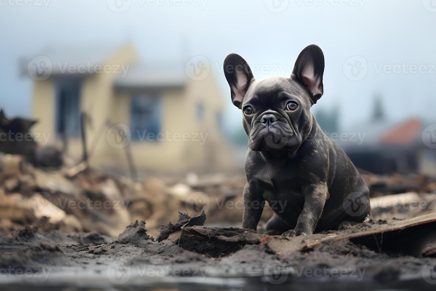 ai generado solo y hambriento francés buldog después desastre en el antecedentes de casa escombros, neural red generado imagen foto