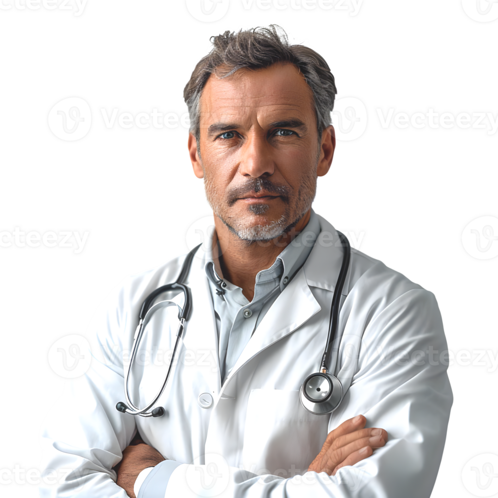 AI generated half body portrait of male doctor isolated on transparent background ,generative ai png