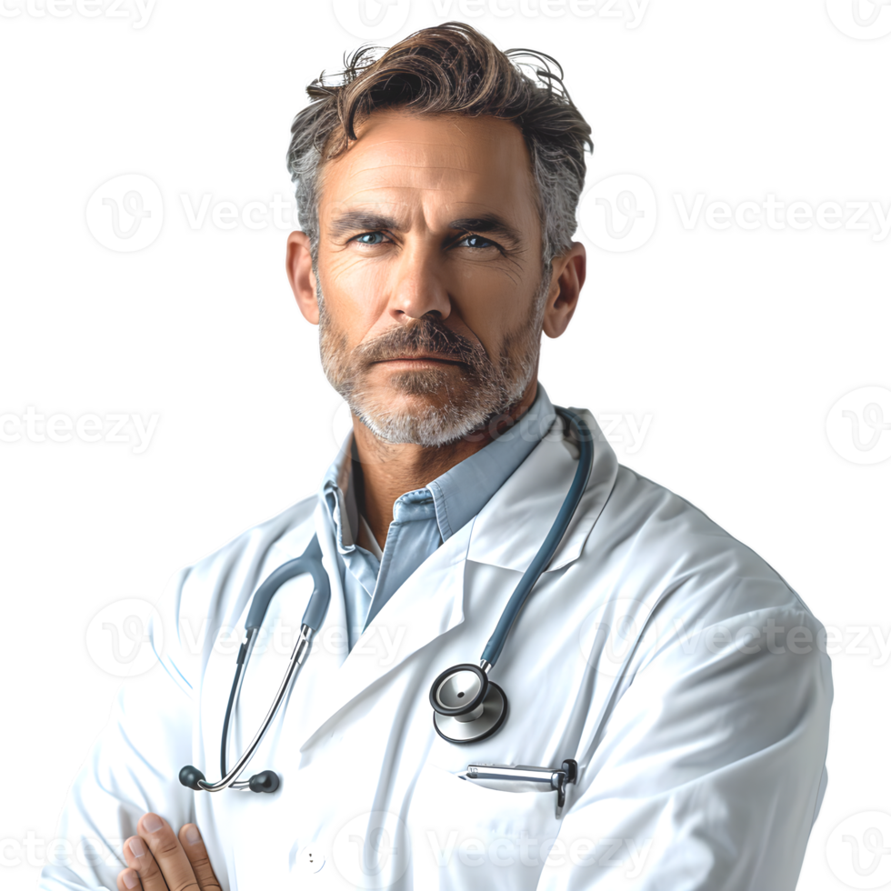 AI generated half body portrait of male doctor isolated on transparent background ,generative ai png